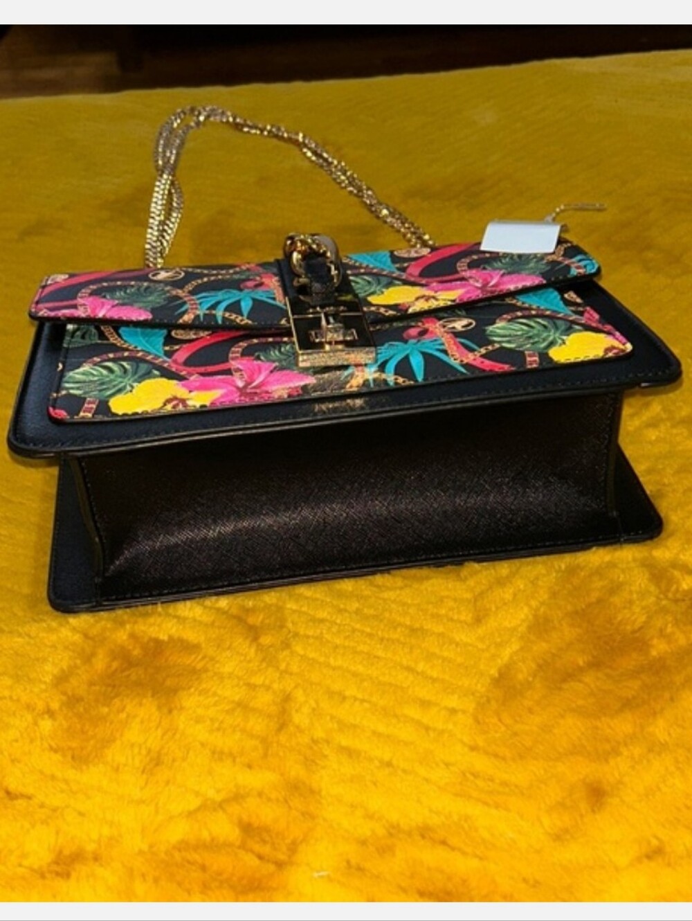 Aldo Black Shoulder Bag with Multicolor Tropical Print & Gold Chain - Picture 3 of 4